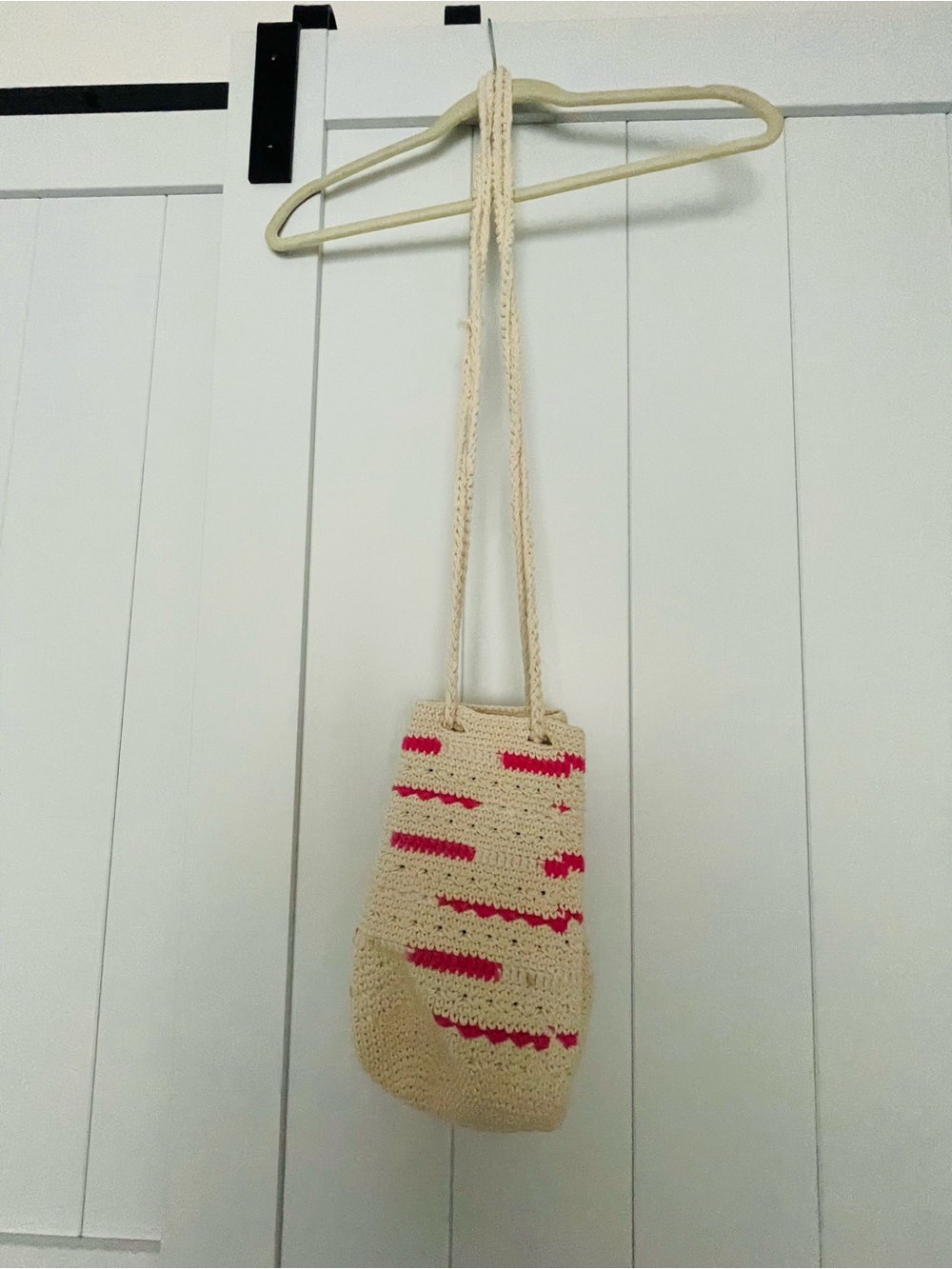 Cream Crochet Crossbody Bag with Pink Accent